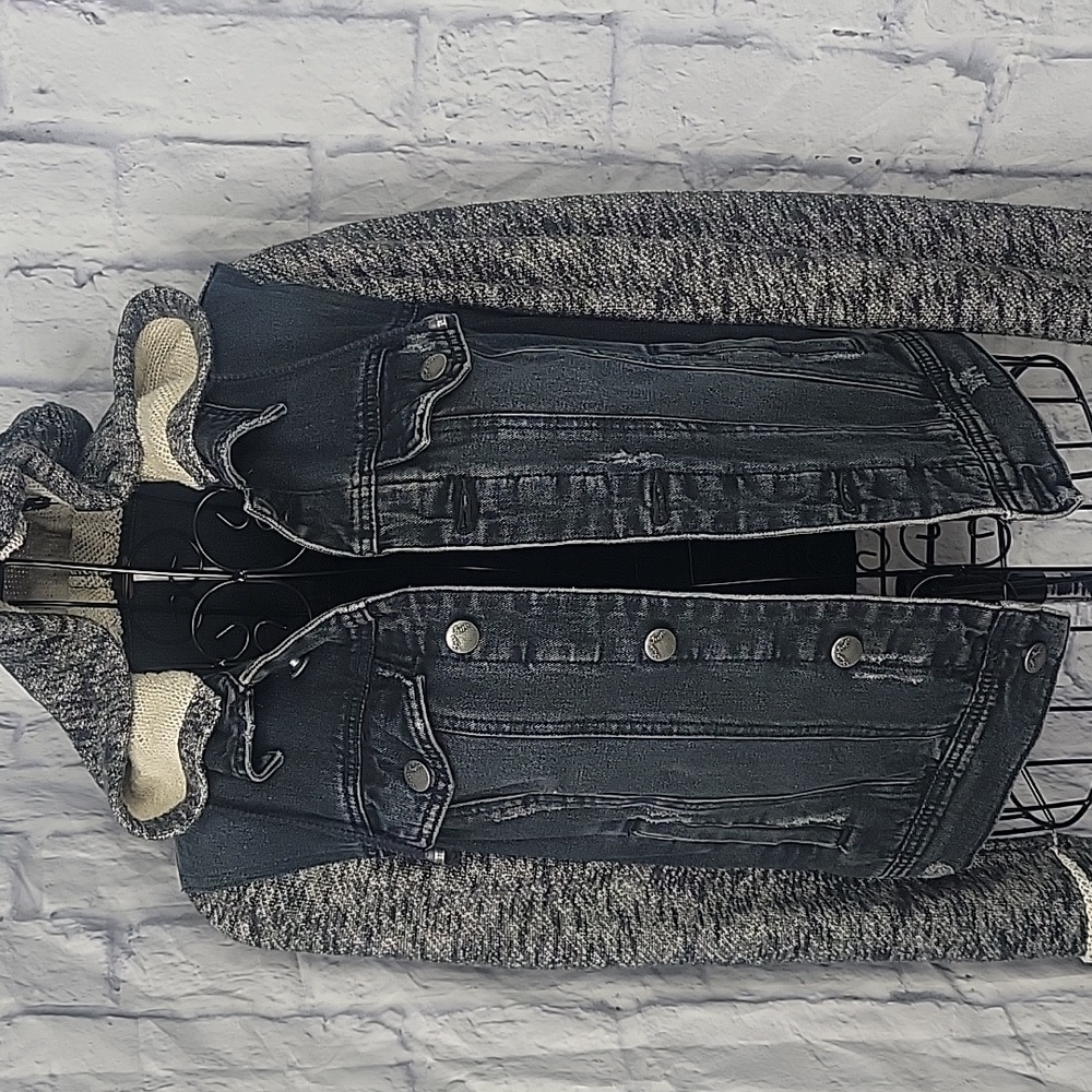 Free People Black Denim Mixed‎ Media Short Hoodie Jacket Small - Picture 2 of 11